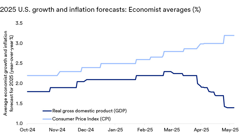 Chart depicts economic growth and inflation expectations, October 2024 - May 2025.